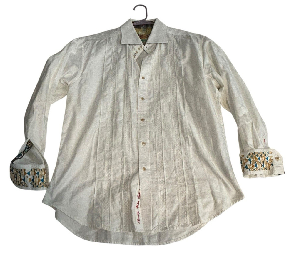 Robert Graham Mens XL Textured Tuxedo Dress Shirt French Cuff White Embroidered